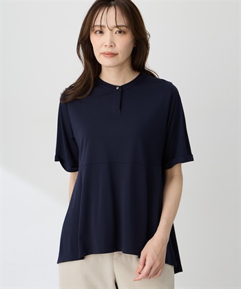 クルーネックペプラムTシャツ【ひやツヤ・UVカット・接触冷感】(ネイビー-M)