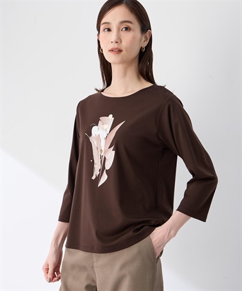 【藤井桜子さんコラボ】グラフィックプリント7分袖Tシャツ(ブラウン-M)