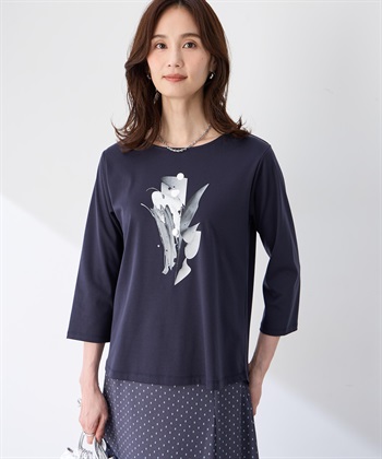 【藤井桜子さんコラボ】グラフィックプリント7分袖Tシャツ(ネイビー-M)