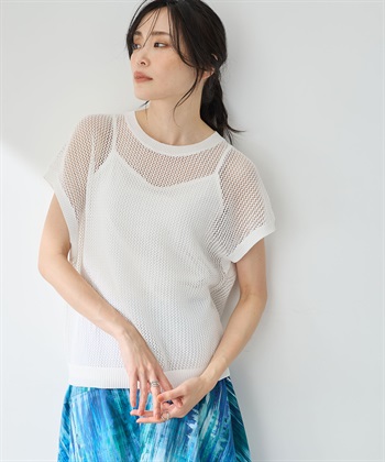 メッシュニットプルオーバー【手洗い可能】(オフホワイト-M)