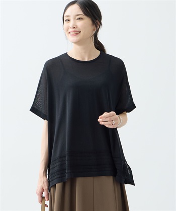 裾透かし編みサマーニットプルオーバー【接触冷感・洗える】(ブラック-M)