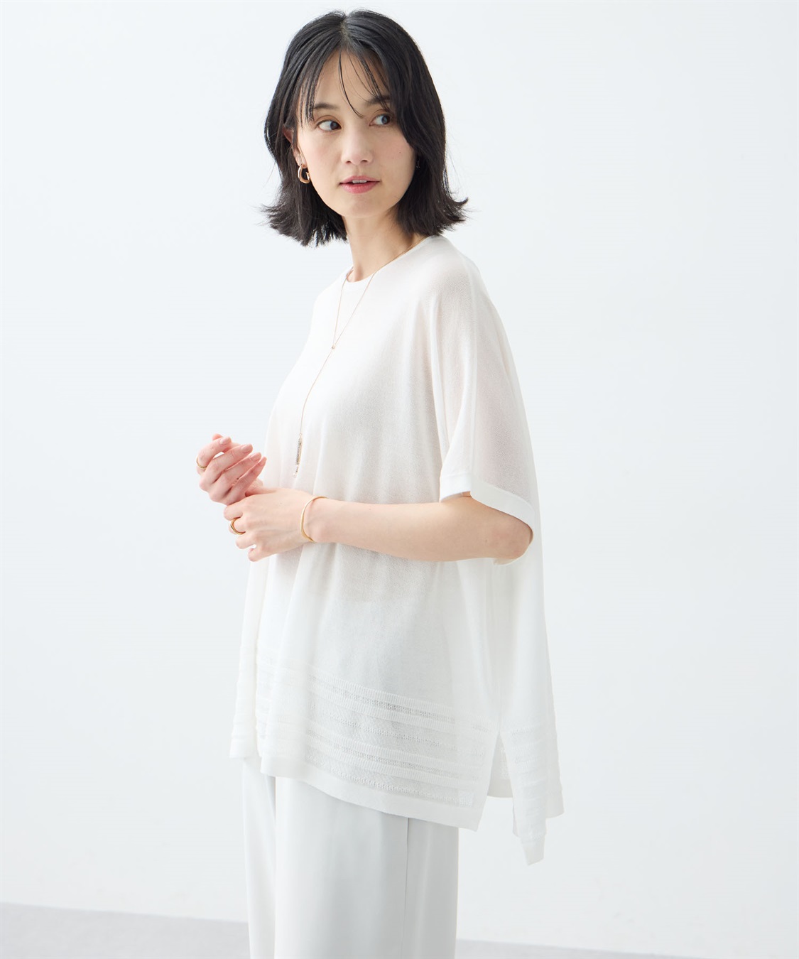 A/C DESIGN BY ALPHA CUBIC 裾透かし編みサマーニットプルオーバー【接触冷感・洗える】_variation_2