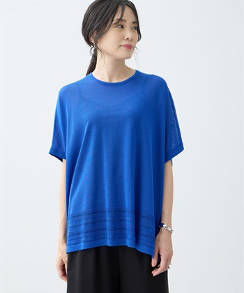 裾透かし編みサマーニットプルオーバー【接触冷感・洗える】(ブルー-M)