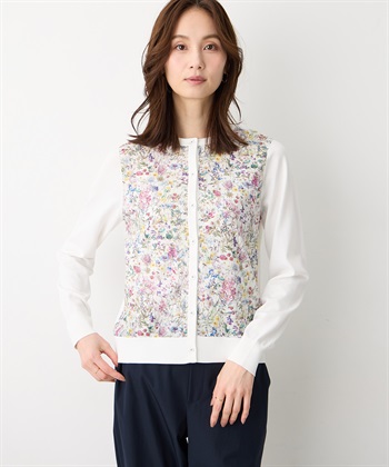 【Liberty】リバティプリントクルーネックカーディガン【ハンドウォッシャブル】(オフホワイト-M)