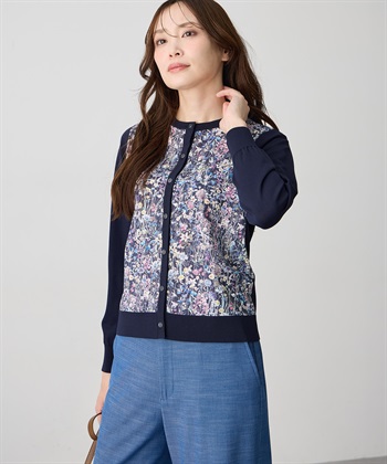 【Liberty】リバティプリントクルーネックカーディガン【ハンドウォッシャブル】(ネイビー-M)