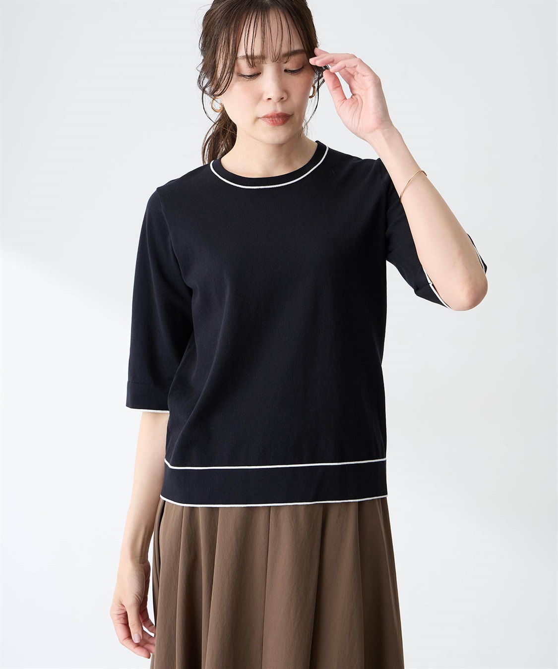 A/C DESIGN BY ALPHA CUBIC 配色ラインクルーネックプルオーバー【接触冷感・UVカット・ハンドウォッシャブル】_variation_1