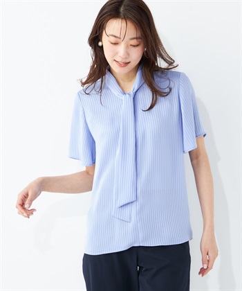 C-ed ube デザインブラウス ストライプ レディース Lサイズ 青系 チュニック ブラウス 大人可愛い 春 夏 ストライプ Aライン