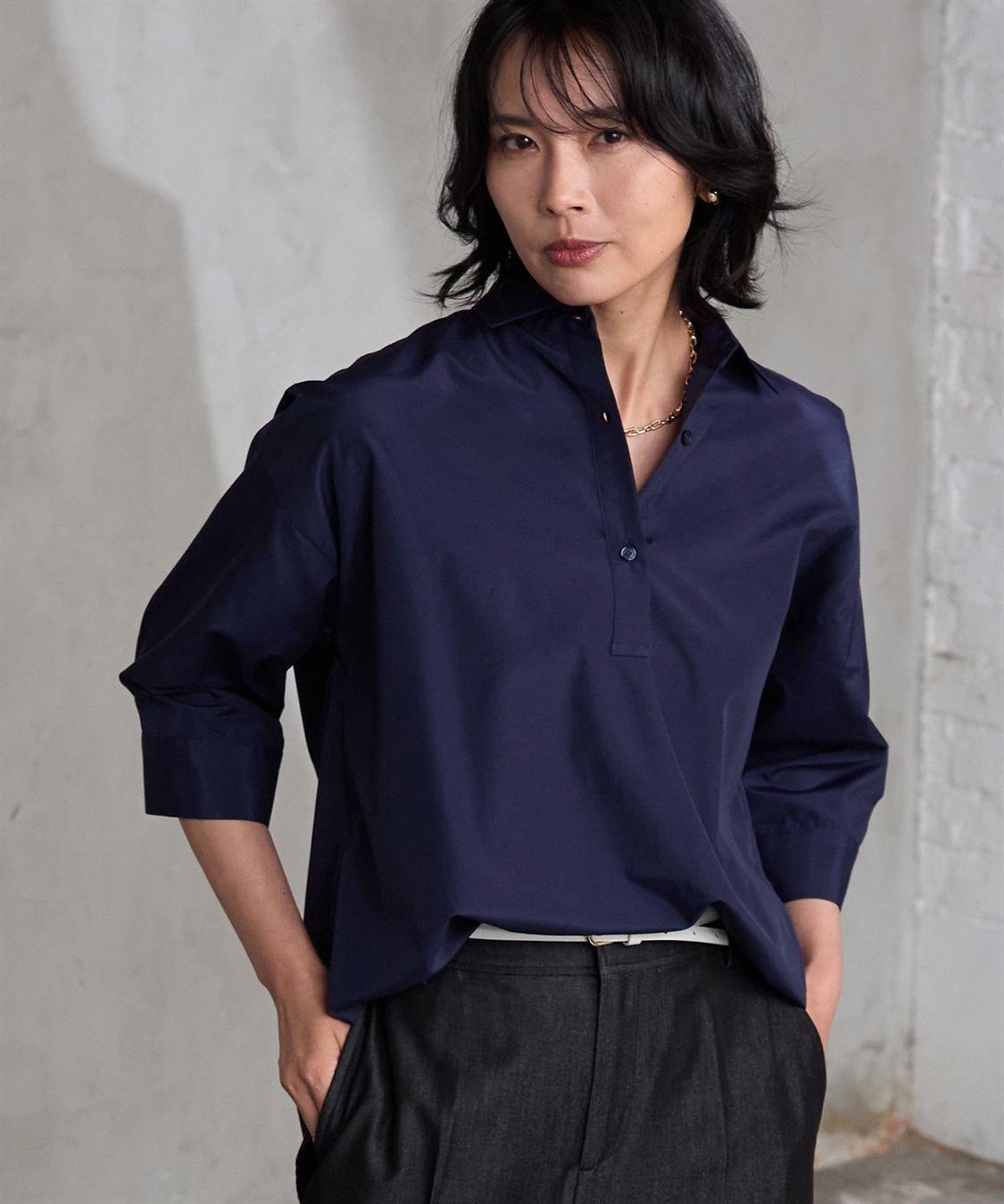 COATE スタンドネック スキッパー パワーショルダー カットデザイン シャツ