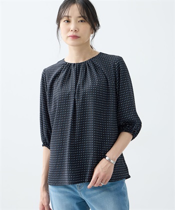 【アルコラージュ】プリントギャザーブラウス(ブラック-9号)