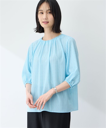 【アルコラージュ】プリントギャザーブラウス(ブルー-9号)