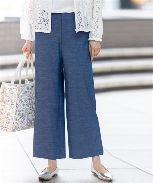 デニムライクストレッチワイドパンツ【後ろウエストゴム】