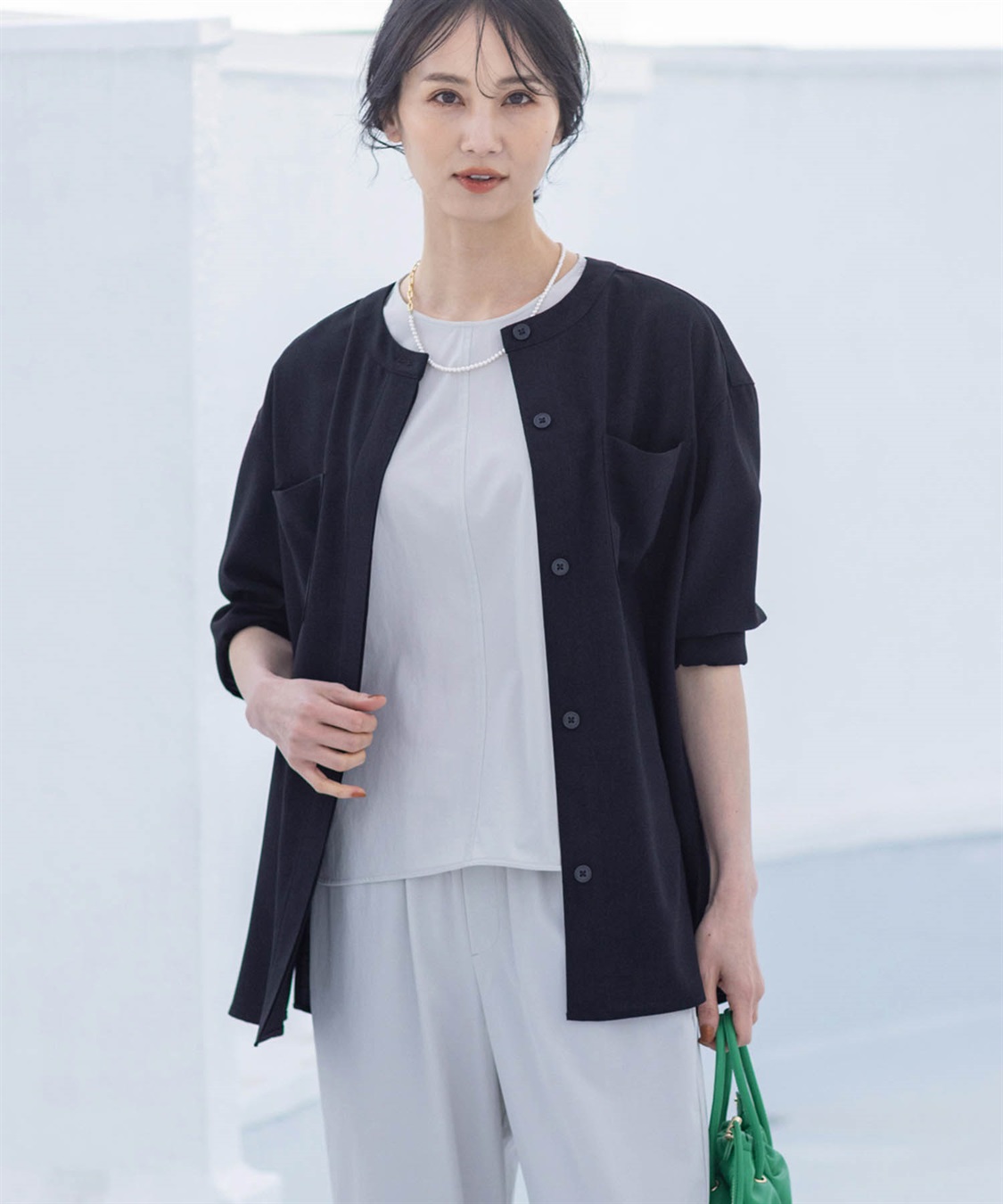 A/C DESIGN BY ALPHA CUBIC 【美モーション】ストレッチノーカラーシャツジャケット【接触冷感・UVカット】_variation_1