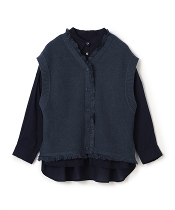 ブラウスつきツイード風ニットベスト(ネイビー-36)