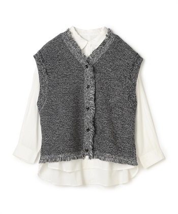 ブラウスつきツイード風ニットベスト(ブラック-36)