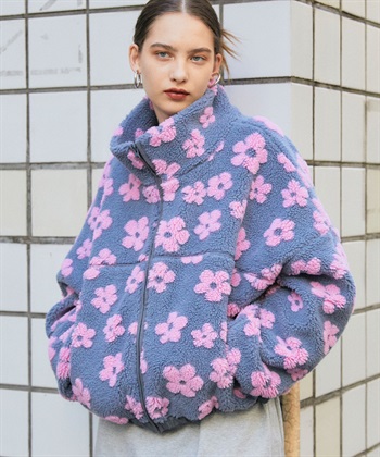 フラワーボアブルゾン(グレー×ピンク-FREE)