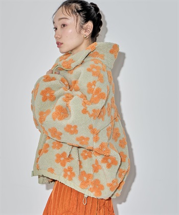 フラワーボアブルゾン(グリーン×オレンジ-FREE)