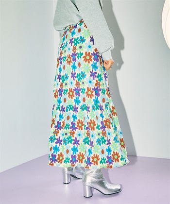 フラワープリントスカート(ライトグリーン-FREE)