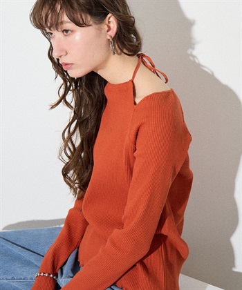 カットワークホルターロンT(ダークオレンジ-FREE)