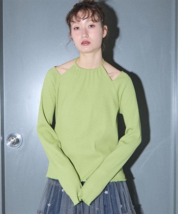 カットワークホルターロンT(ライトグリーン-FREE)