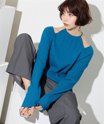 カットワークホルターロンT(ブルー-FREE)