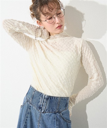 フィンガーホールシャーリングハイネックトップス(アイボリー-FREE)