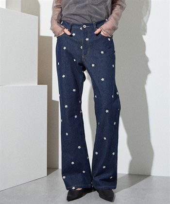 フラワー刺繍デニムパンツ(インディゴブルー-Ｓ)