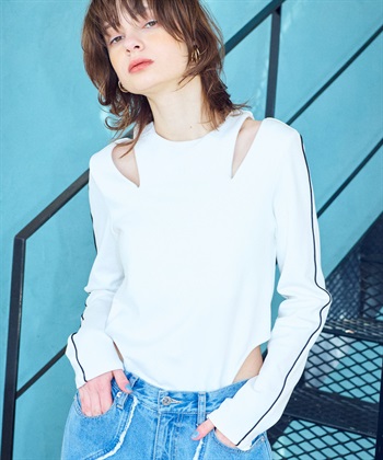 ショルダージップスリットトップス(ホワイト-FREE)