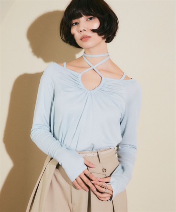 ホルターネックトップス(サックスブルー-FREE)
