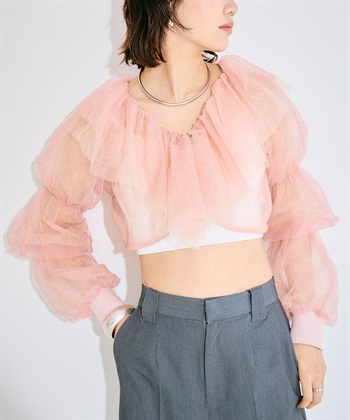 レースアップスリーブ ピンクファーフルゾン バルーンスリーブラッフルボレロ ELLEgirl｜クロスプラス公式