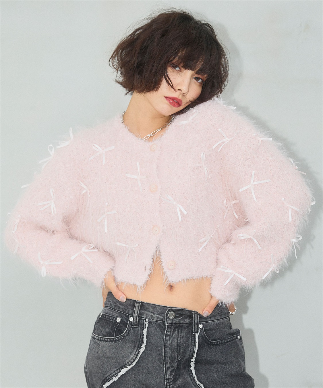 本店は リボンフェザーニットカーディガン ELLEgirl｜クロスプラス公式 トップス