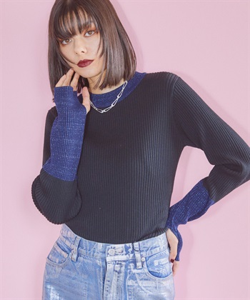 ELLEgirl 配色ラメリブハイネックニットトップス_variationthumb_1