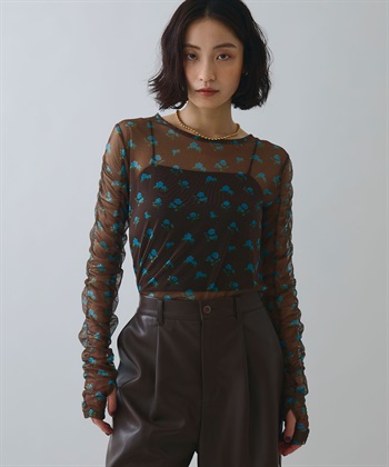 フラワープリントシアートップス(ブラウン-FREE)