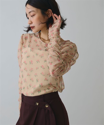 フラワープリントシアートップス(ベージュ-FREE)