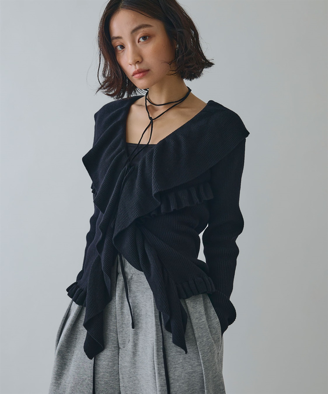 ELLEgirl ラッフルカラーリブニットカーディガン