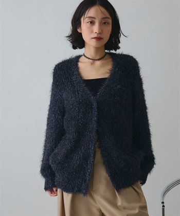 ラメフェザーVネックカーディガン(ネイビー-FREE)