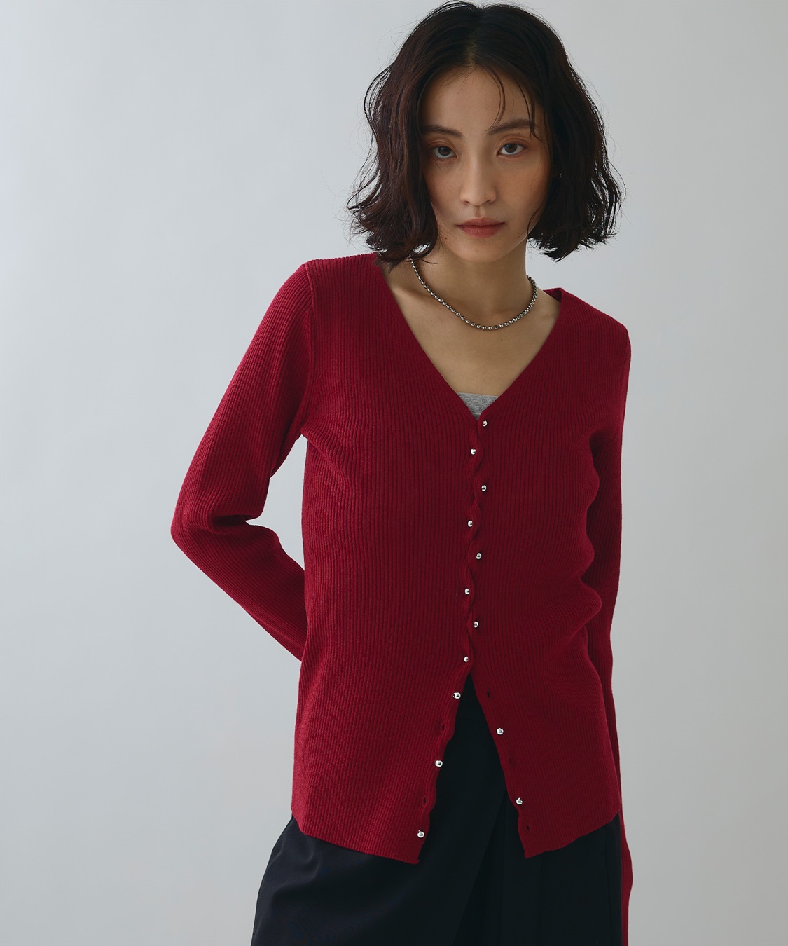 ELLEgirl メタル釦Vネックリブカーディガン