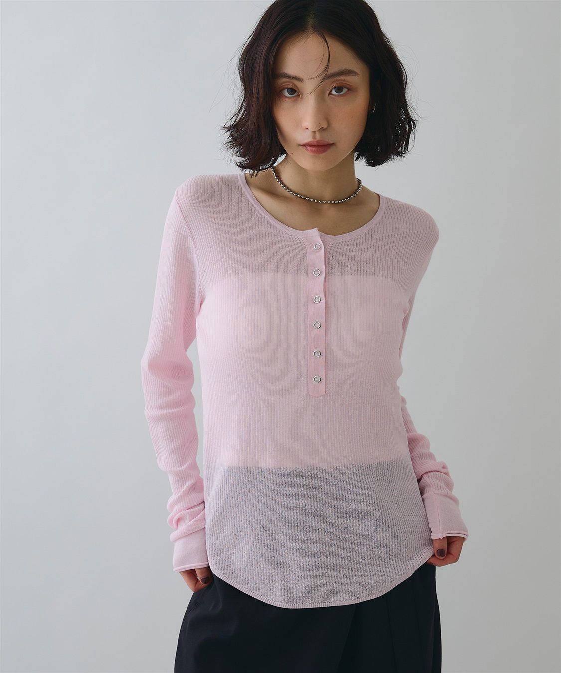 ELLEgirl ヘンリーネックシアーリブトップス