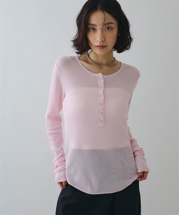 ヘンリーネックシアーリブトップス(ピンク-フリー)