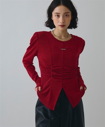 フロントスリットシャーリングデザイントップス(レッド-FREE)