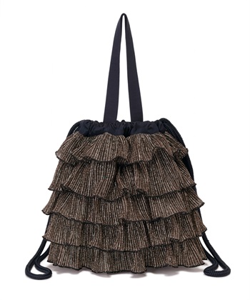 ラメプリーツフリル巾着バッグ【500mlペットボトル収納可能】(アンティークゴールド-FREE)