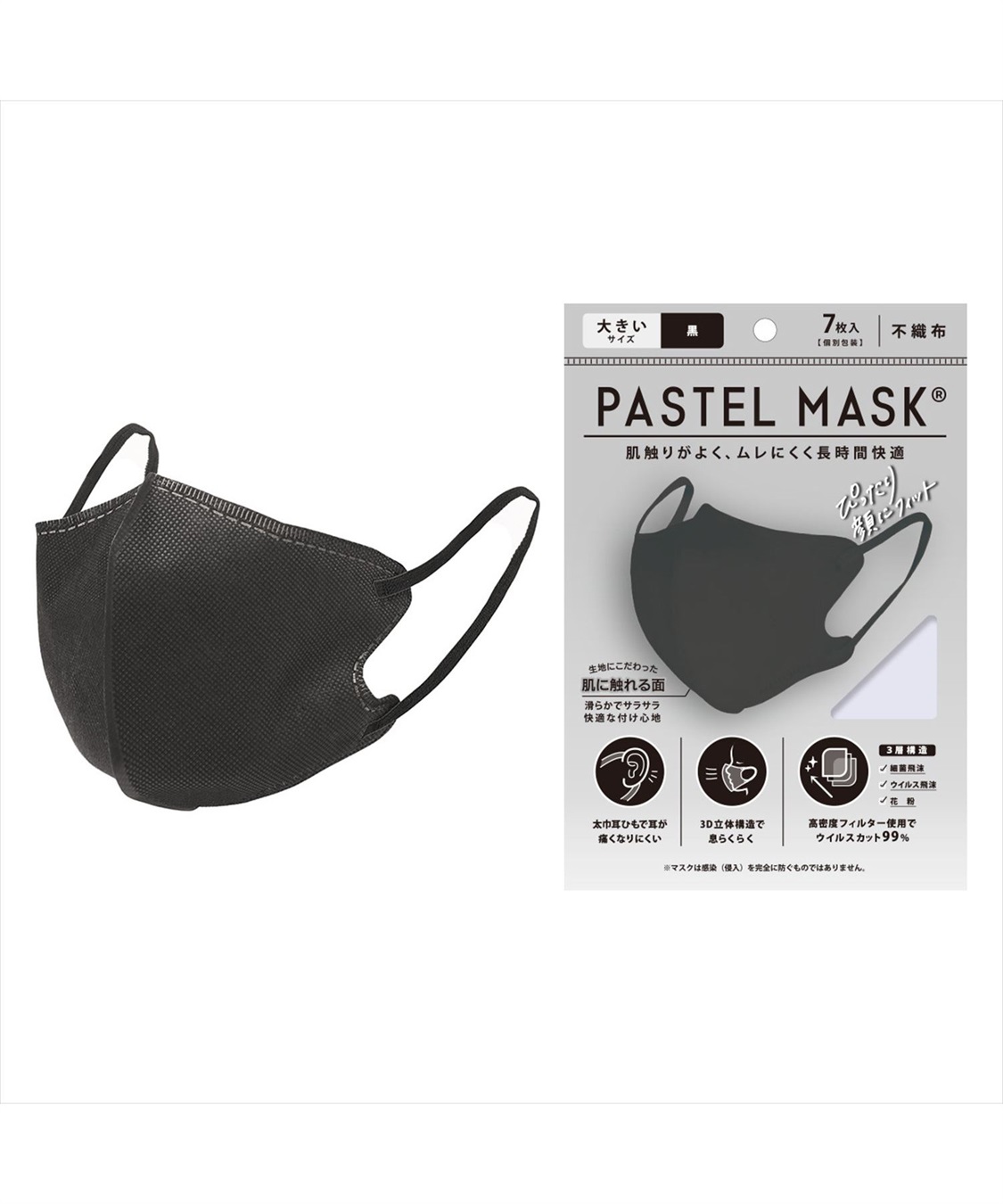 PASTEL MASK PASTELMASK　不織布 7枚入り 個包装使い捨て立体マスク シルクタッチ生地 肌にやさしい BFE PFE VFE 99％カット 美シルエット 三層構造_variation_5
