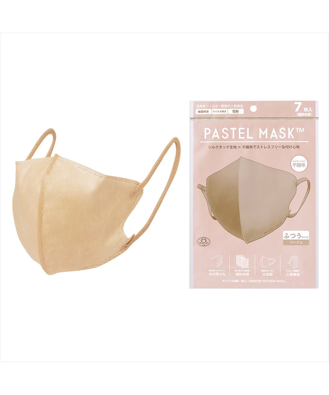 PASTEL MASK PASTELMASK　不織布 7枚入り 個包装使い捨て立体マスク シルクタッチ生地 肌にやさしい BFE PFE VFE 99％カット 美シルエット 三層構造_variation_3