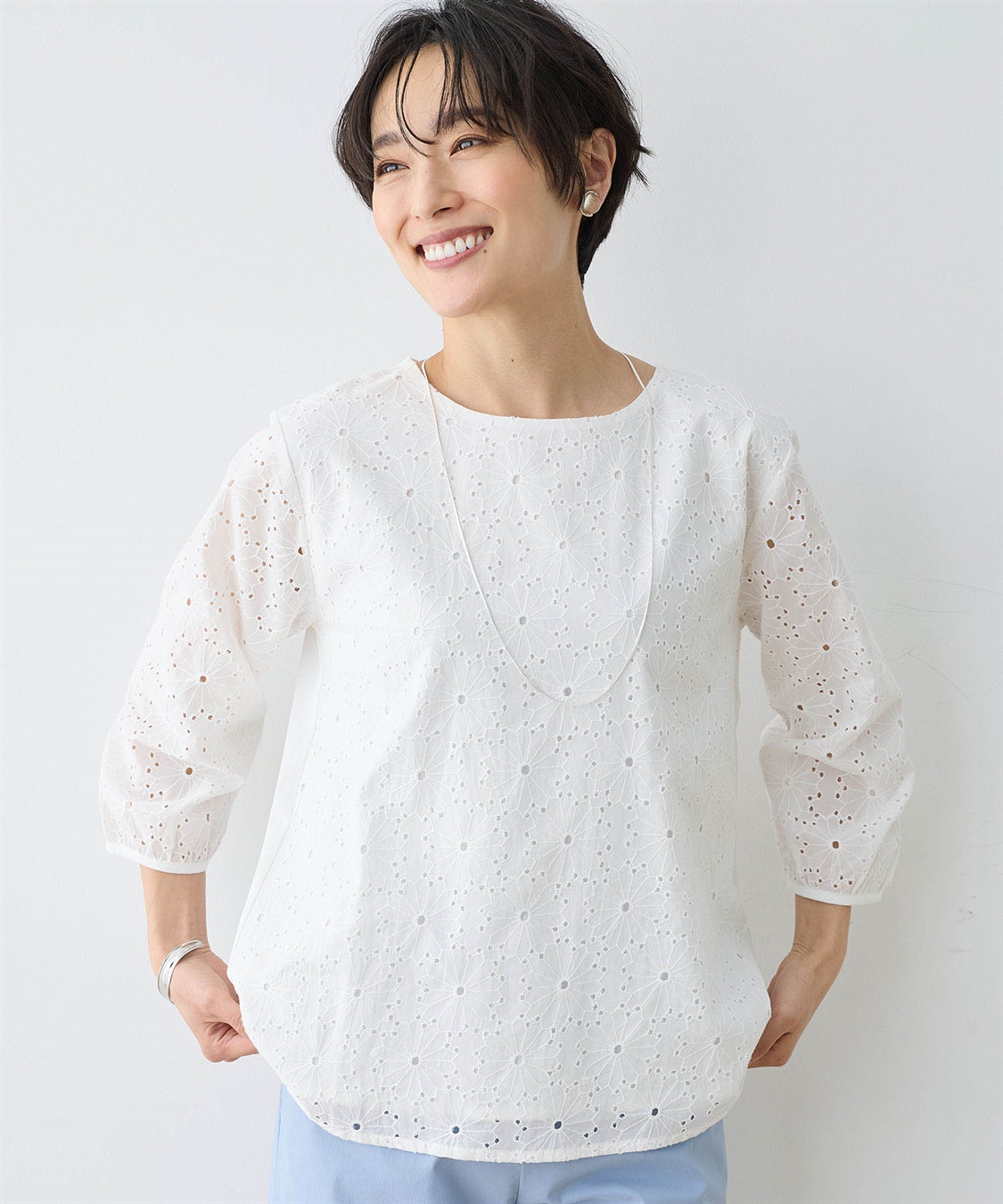 DECOY 【ひやさらコットン】【UVカット】刺しゅう切替Tシャツ_variation_1