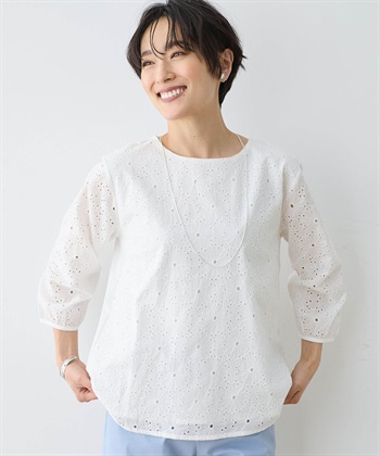 【ひやさらコットン】【UVカット】刺しゅう切替Tシャツ(ホワイト-M)