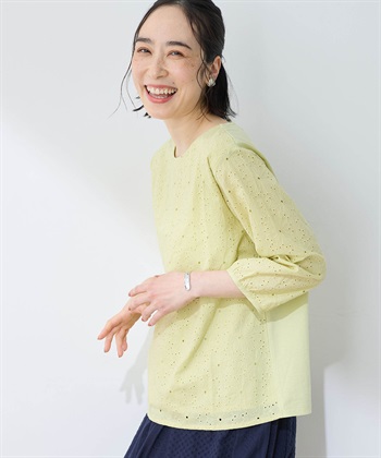【ひやさらコットン】【UVカット】刺しゅう切替Tシャツ(イエロー-M)