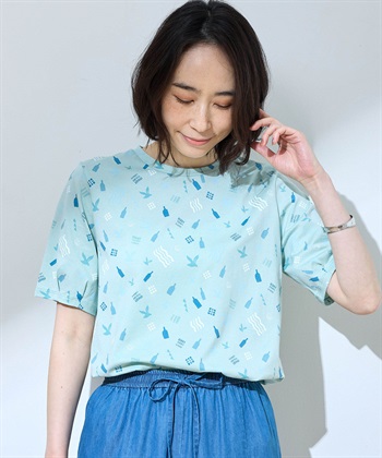 【ひやさら】【UVカット】【友桝飲料コラボ】プリントチュニックTシャツ(グリーン-M)