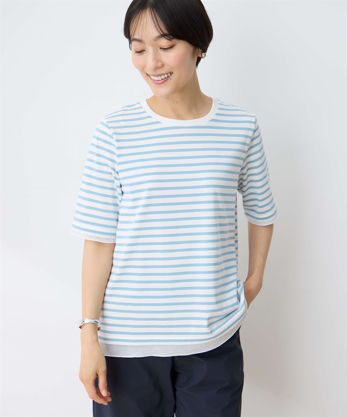 DECOY 部分シアーボーダーTシャツ_variation_1