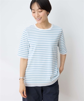 部分シアーボーダーTシャツ(サックス-M)