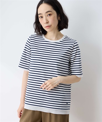 部分シアーボーダーTシャツ(ネイビー-M)