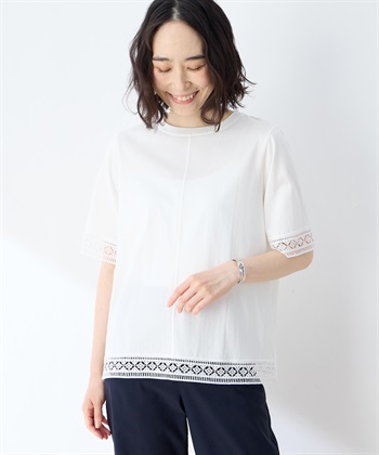 【冷感】【UVカット】ひやさらコットンプレミアムレースＴシャツ(ホワイト-M)